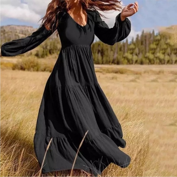 New! CLOSEOUT SALE! Boho Black Long Sleeve Maxi Dress - Picture 1 of 4